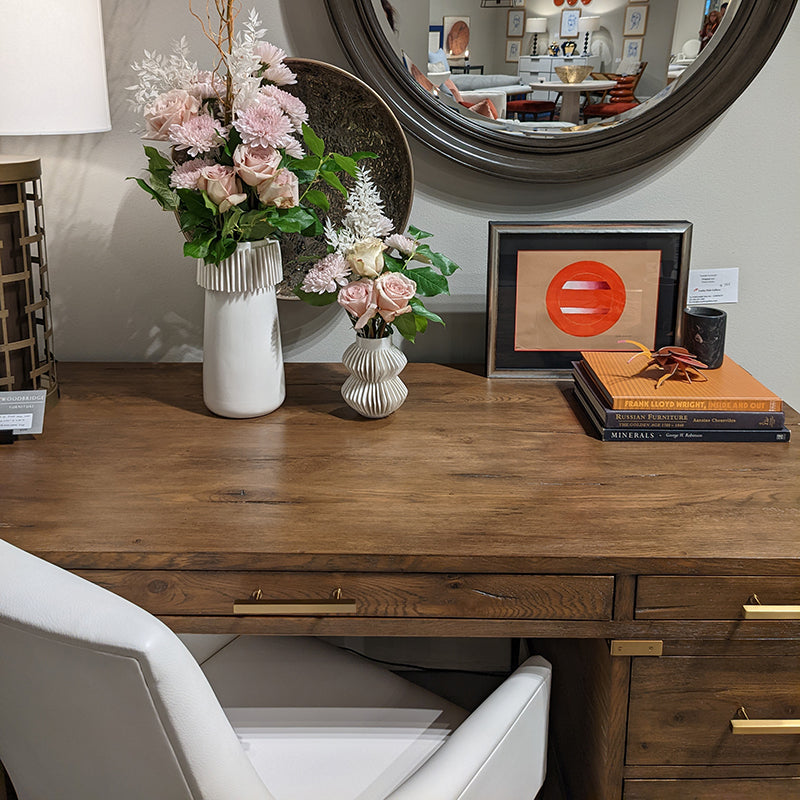 Alternate view of Katana Desk, featuring oak wood, brass metal, and integrated multi-drawer storage.
