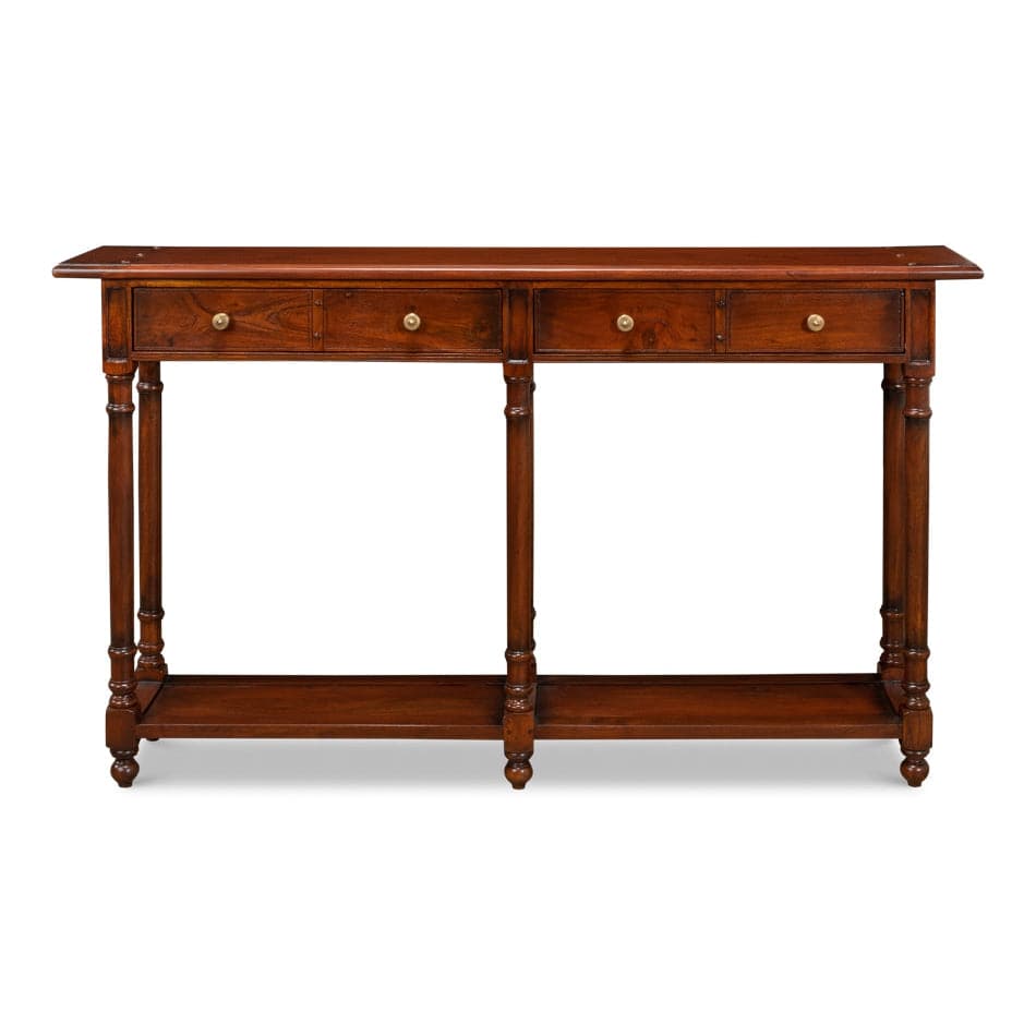 Josephson Console Table, shown in medium brown and warm walnut brown with wood and brass.