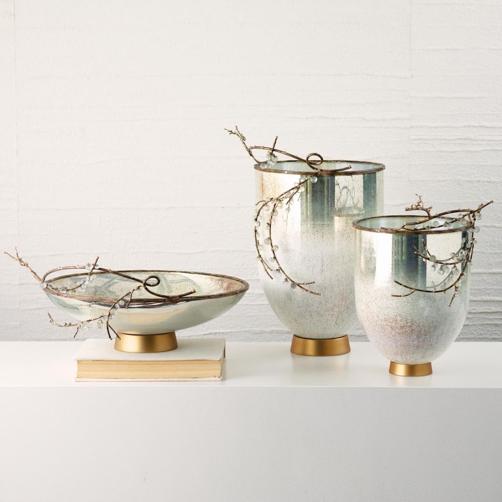 Alternate view of Foret Collection, featuring frosted bead finish, mercury glass, metal, and a pedestal foot base.
