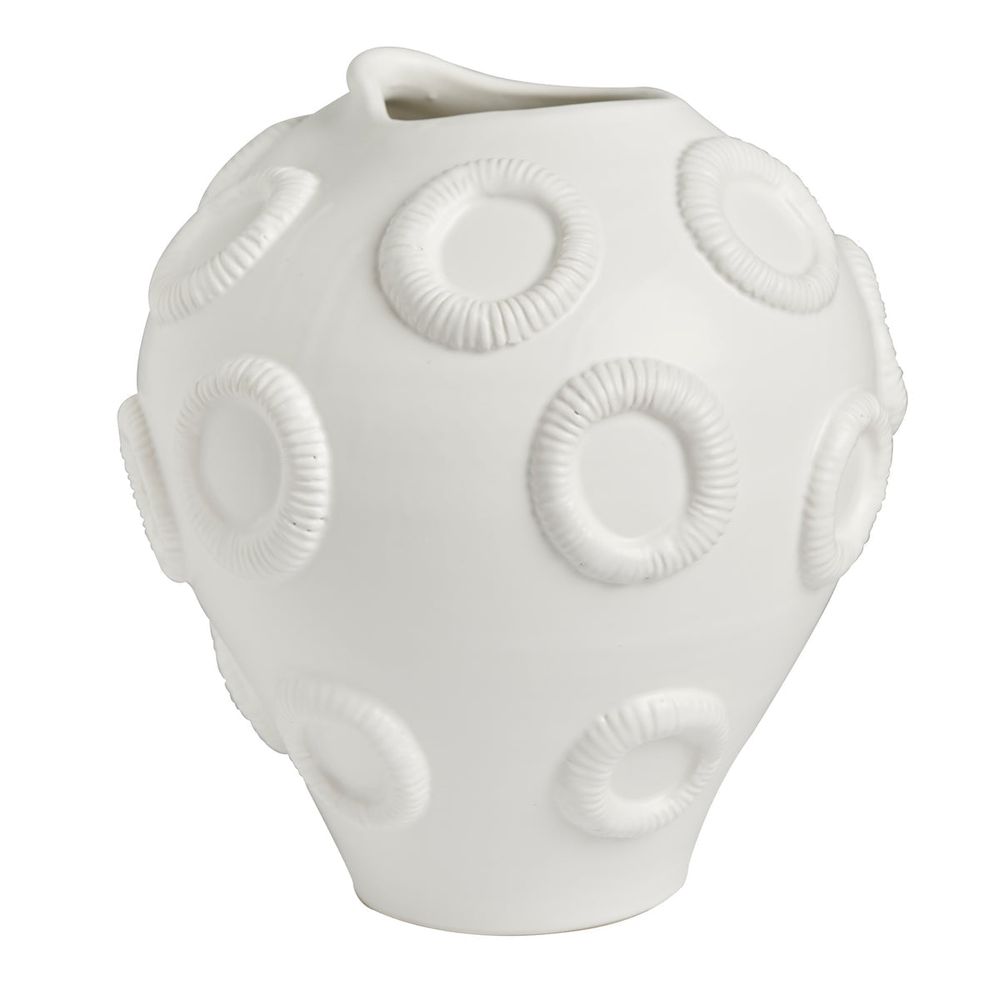 Rotunda Vase, shown in white with ceramic and open top vessel for stems or branches.