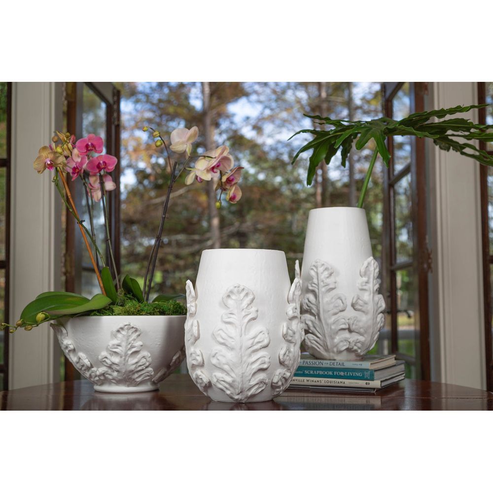 Alternate view of Greco Bowl, White Leaves, featuring matte finish, ceramic, and open deep basin.