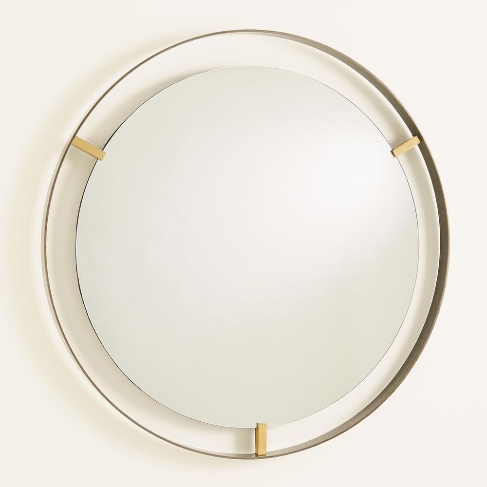 Alternate view of Floating Mirror, featuring satin finish, metal, glass, and wall-mounting hardware implied.