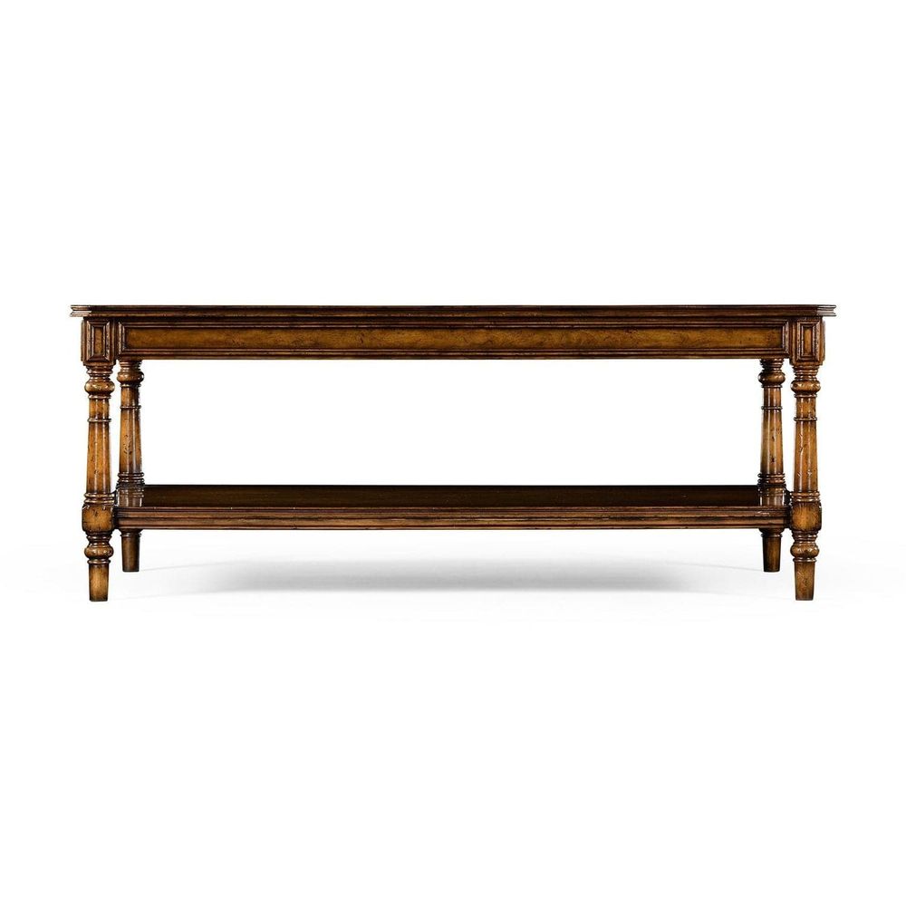 Alternate view of Victorian style walnut coffee table in walnut brown and warm medium brown.