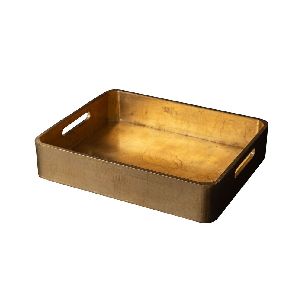 Gold Tray, Medium, shown in gold and antique gold with gold leaf, metal, and integrated cutout handles on short sides.
