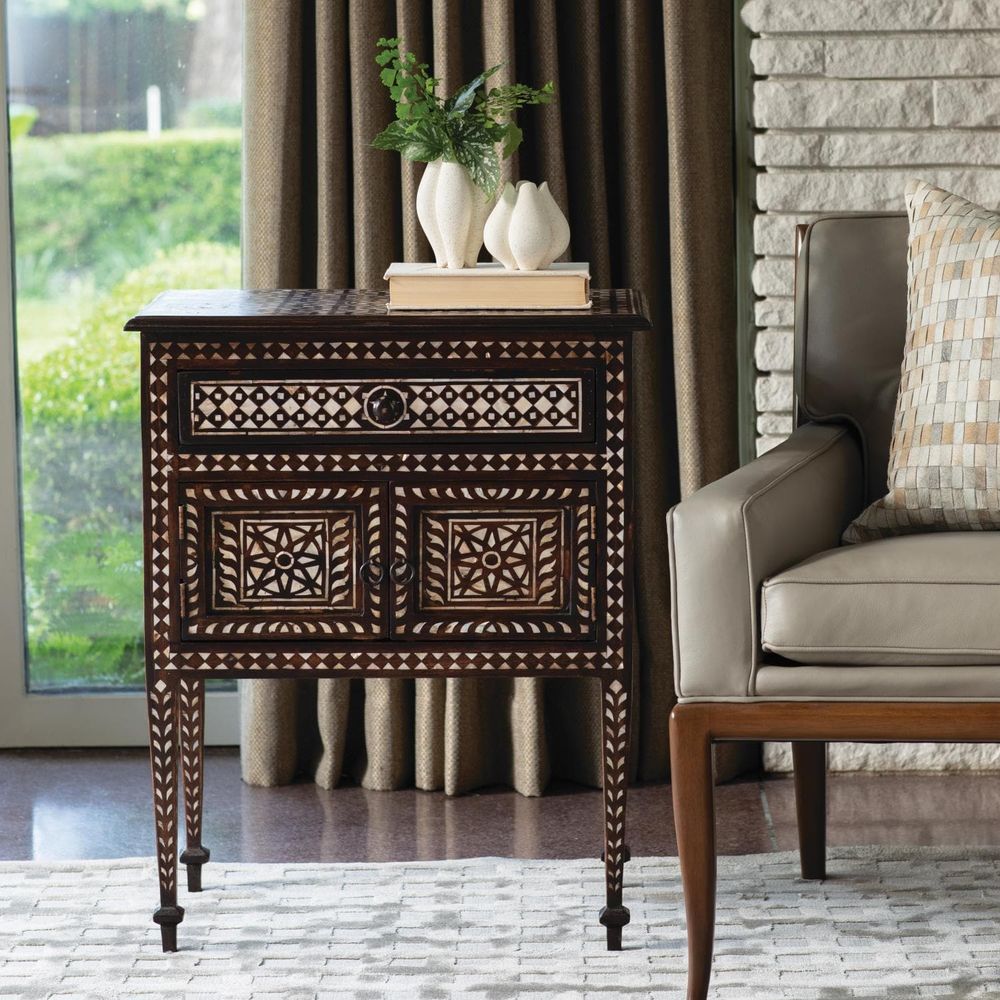 Alternate view of Bhawana Chest, featuring polished finish, wood, bone inlay, and single top drawer with centered round knob.