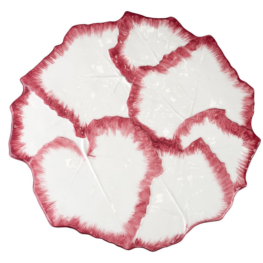 Compagnia Cheese Plate, Pink, shown in white and pink with majolica ceramic and low raised rim.