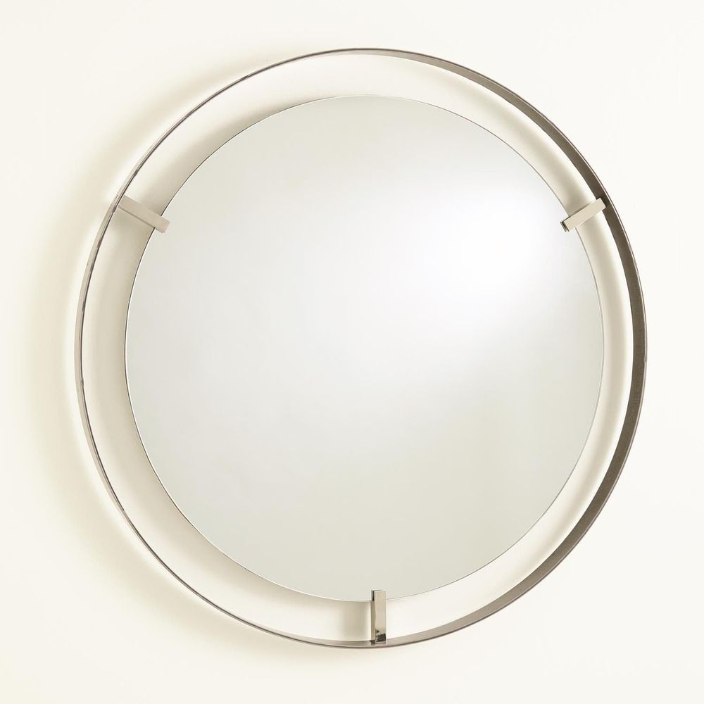 Floating Mirror, shown in silver and brushed nickel with metal, glass, and wall-mounting hardware implied.