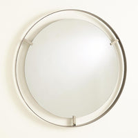 Floating Mirror, shown in silver and brushed nickel with metal, glass, and wall-mounting hardware implied.