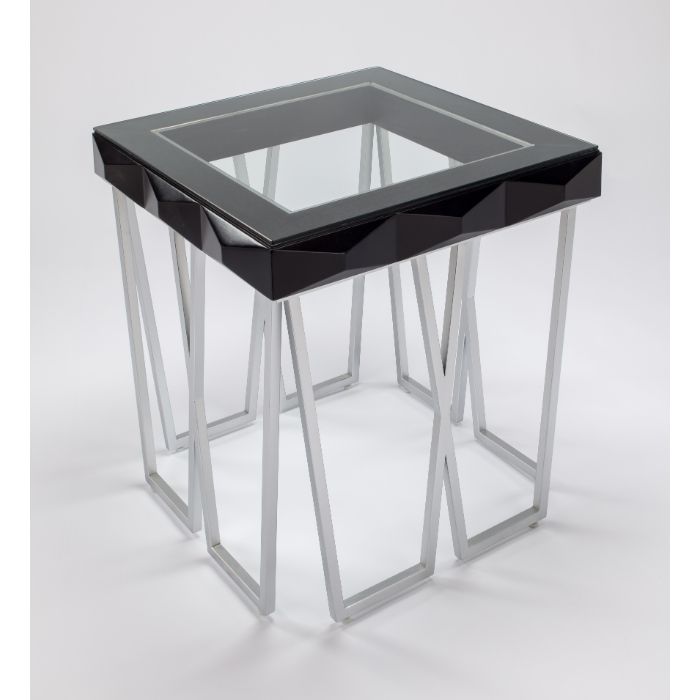 End Table 2715-ET, shown in black and chrome silver with wood, glass, and a square inset glass top.