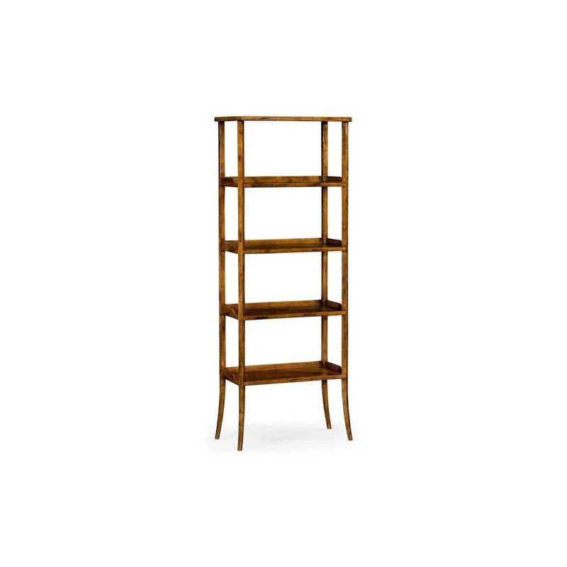 Casual Four-Tier Étagère, shown in medium walnut brown and warm amber brown with wood and four fixed open shelves.