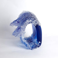 Tidal Wave Sculpture, shown in cobalt blue and deep navy blue with art glass, fused glass, and freestanding sculptural form.