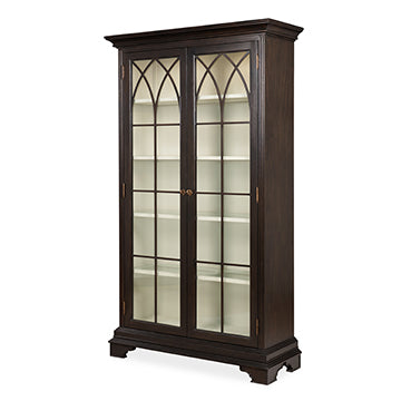 Alternate view of Pierre Cabinet, featuring brass hardware finish, wood, glass, and double glass doors with arched muntins.