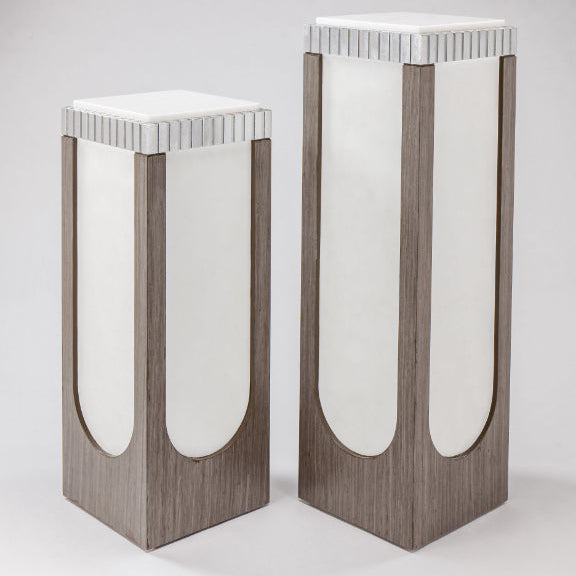 Pedestal Table 2721-PS, shown in gray-brown and white with wood, frosted glass, and a flat square display top.