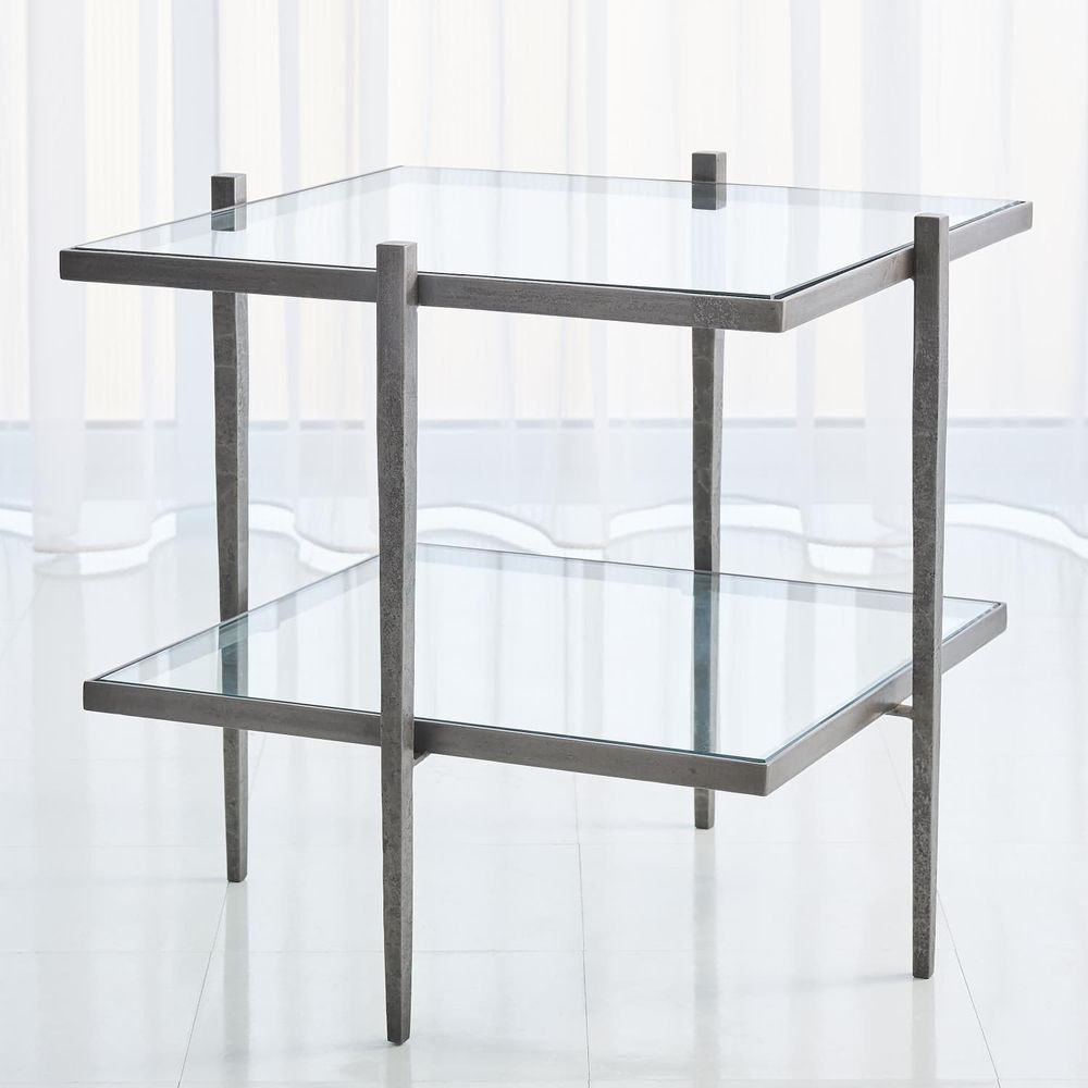 Additional view of Laforge End Table in gray and gold, featuring brushed finish and two-tier glass shelves.