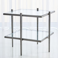 Additional view of Laforge End Table in gray and gold, featuring brushed finish and two-tier glass shelves.