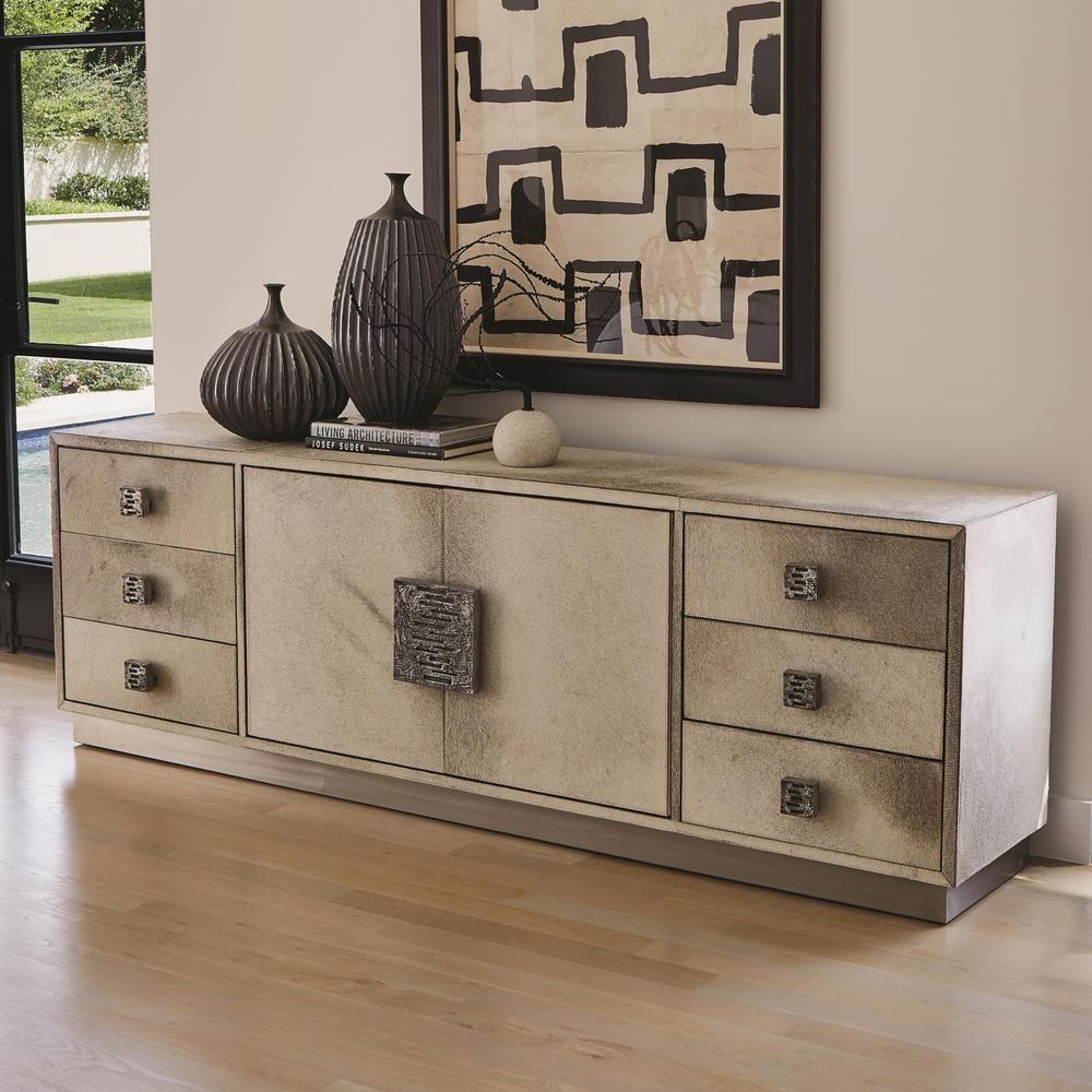 Metro Long Cabinet-Grey Hair-on-Hide, shown in grey and silver with hair-on-hide and metal.