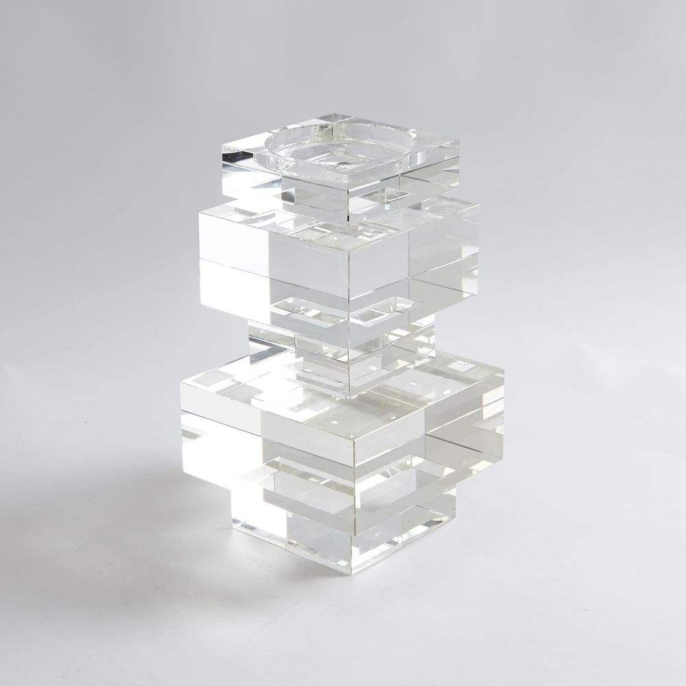 Brilliant Pillar Candle Holder, shown in clear with acrylic, crystal, and recessed circular candle well for pillar candles.