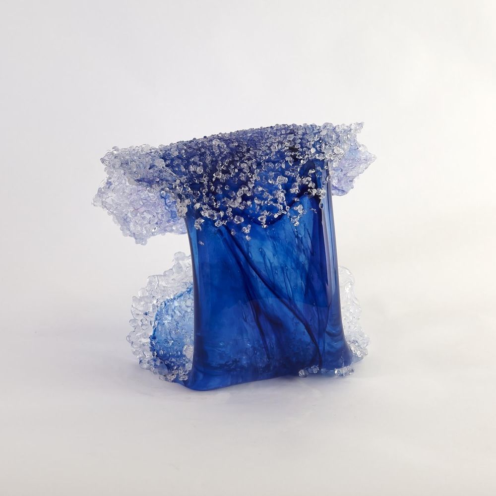 Additional view of Tidal Wave Sculpture in cobalt blue and deep navy blue.