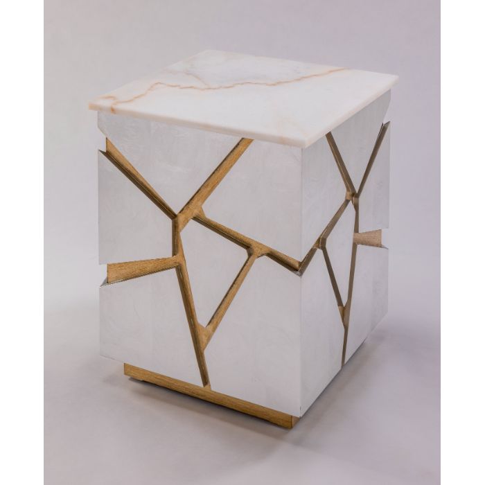 Additional view of End Table 2741-ET in white and gold, featuring polished stone finish and flat stone tabletop.
