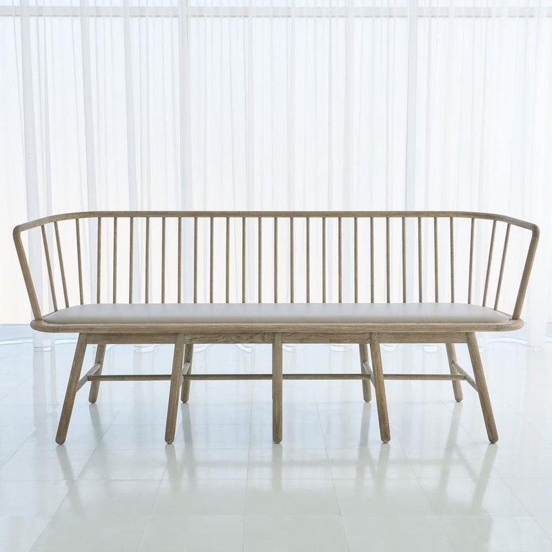 Spindle Long Bench, shown in light oak beige and warm taupe gray with wood, leather, and long multi-seat bench form.