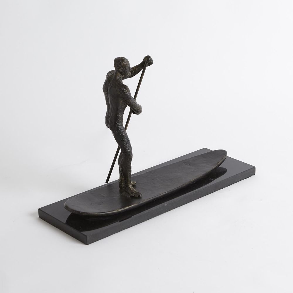 Alternate view of SUP Sculpture, featuring patinated finish, bronze, stone, and freestanding sculptural form.