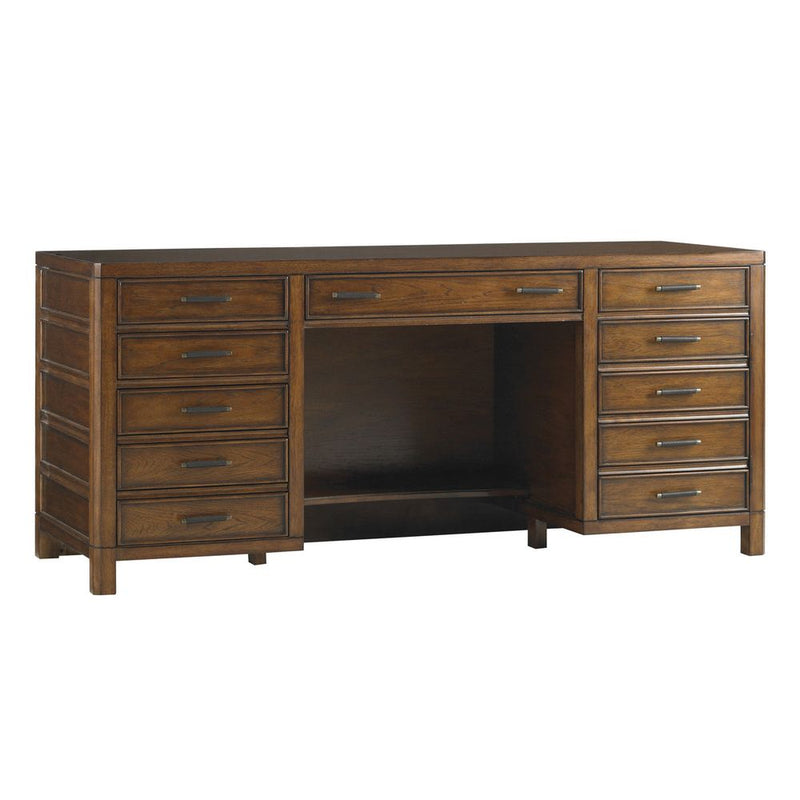 Key Biscayne Credenza, shown in medium brown and sienna brown with wood, hardwood veneer, and double pedestal storage.