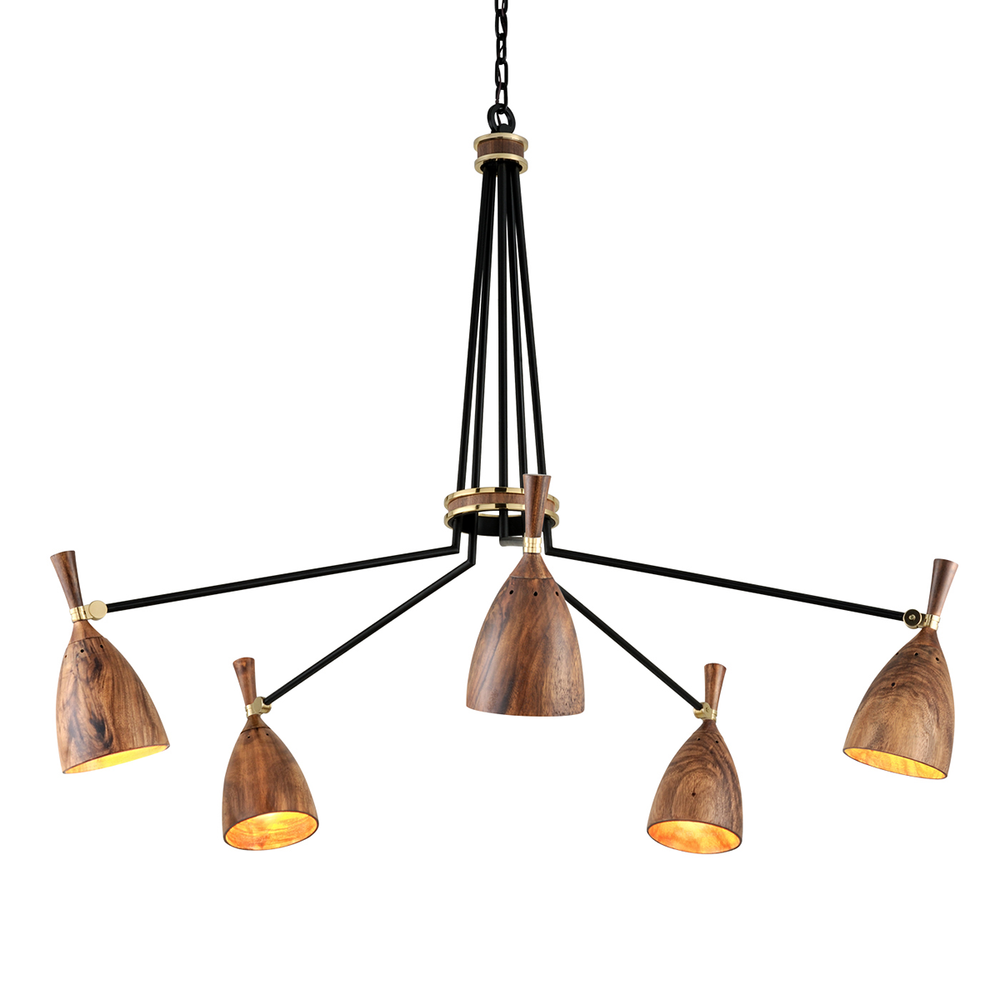 Utopia Chandelier, shown in black and walnut brown with metal, wood, and chain-hung ceiling suspension.