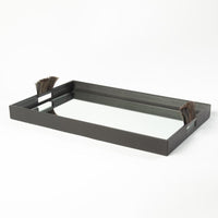 Harrington Tray-Graphite Leather, shown in graphite gray and dark charcoal with leather and mirror glass.