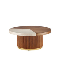 Dakota Large Cocktail Table, shown in warm medium brown and cream beige with wood and stone.