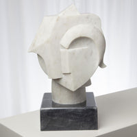 Abstract Bust, shown in off-white and cream with marble, stone, and a integrated square stone plinth base.