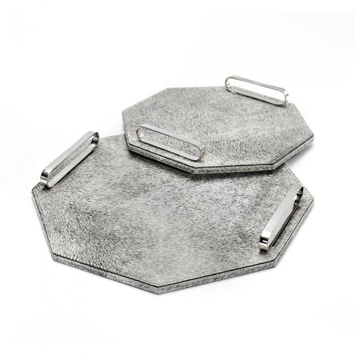 Audrina Octagonal Trays, shown in gray and silver with hide or hair-on hide and leather or leatherette.