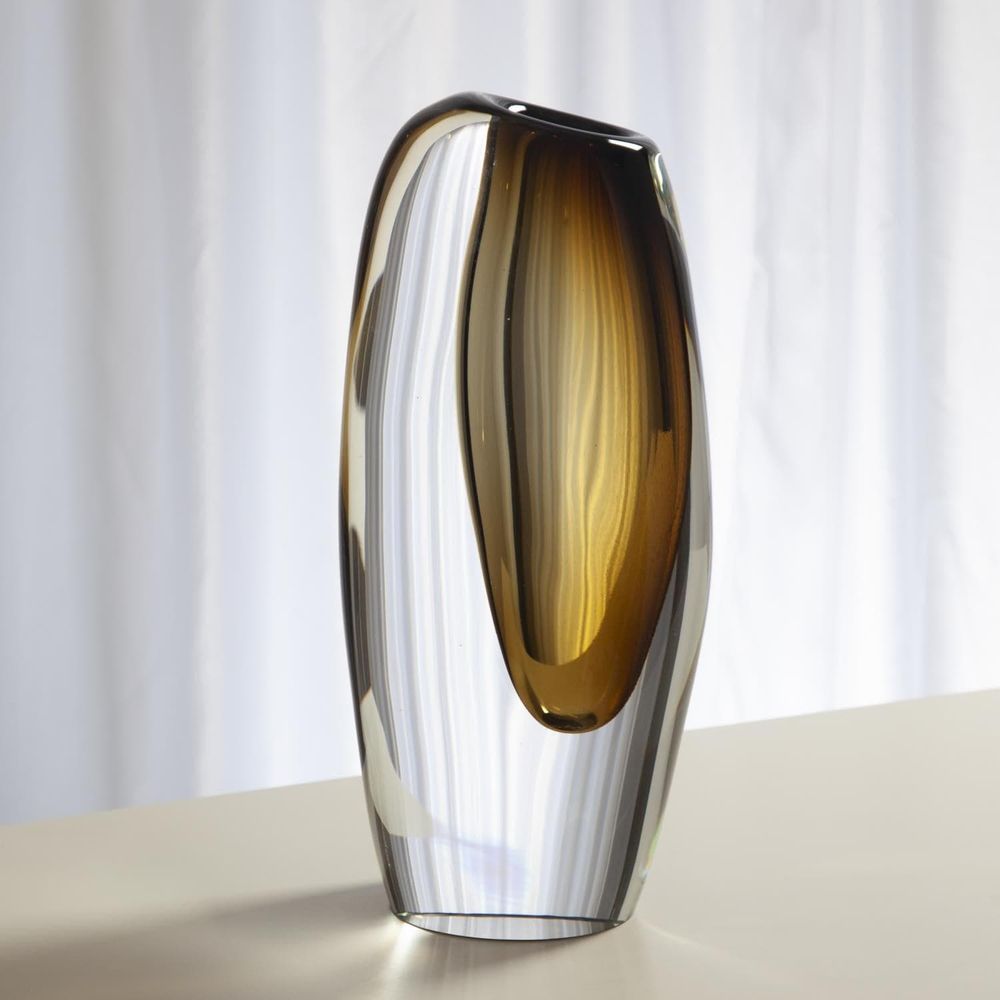 Additional view of Offset Vase in amber and clear, featuring polished finish and open top aperture for stems or branches.
