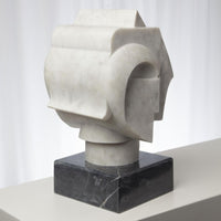 Additional view of Abstract Bust in off-white and cream, featuring honed finish and a integrated square stone plinth base.