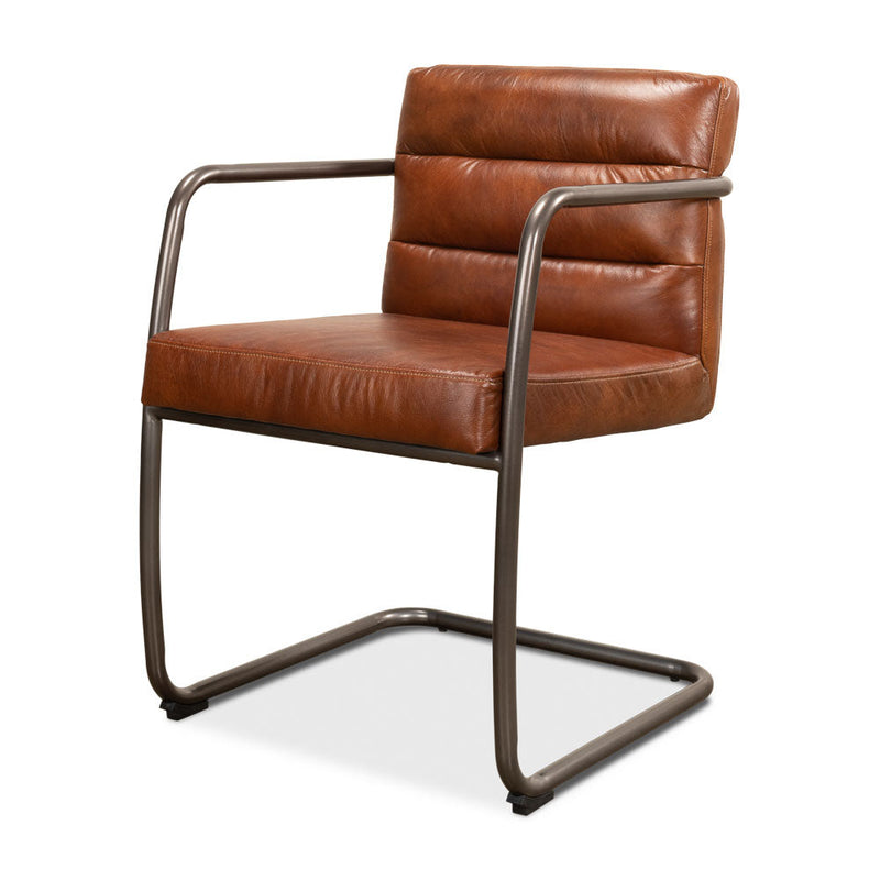 Alternate view of Director's Chair, featuring distressed, leather, tubular steel, and a cantilever base.