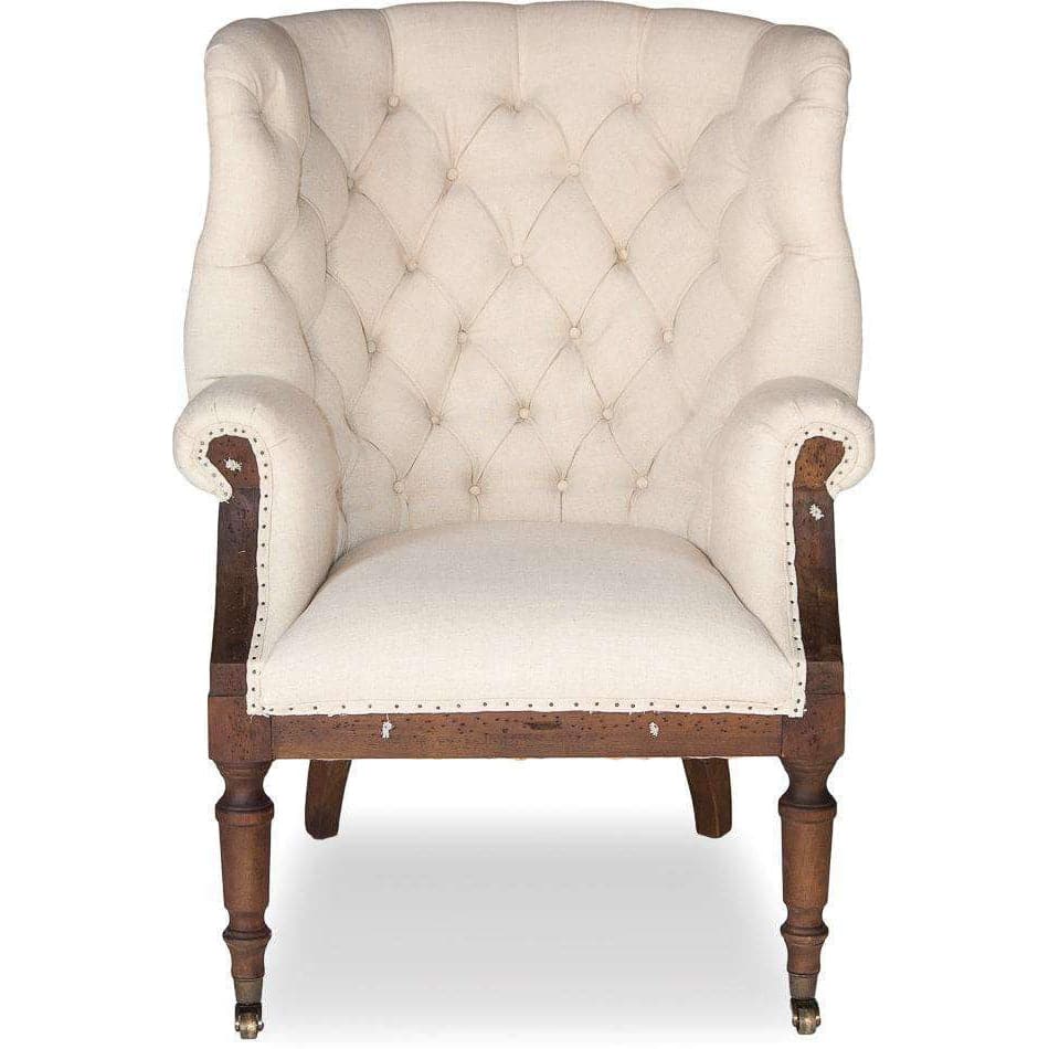 Irish Chair, shown in cream and ivory with woven fabric, hardwood, and fixed arms.
