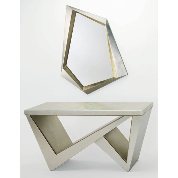 Console Table 2893-D, shown in champagne silver and soft gold with metal, mirrored glass, and a flat console surface.