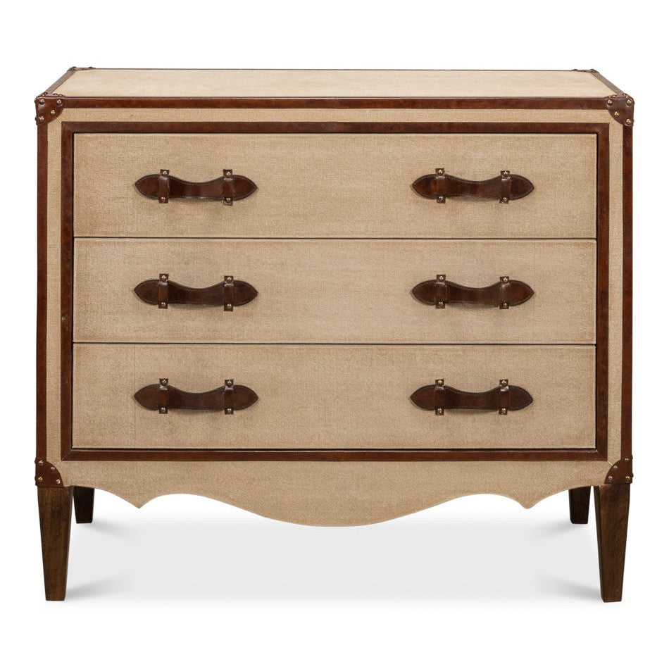 French Art Deco Commode, shown in beige and dark brown with fabric, wood, and three full-width drawers.
