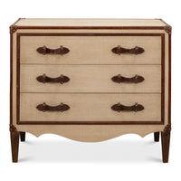 French Art Deco Commode, shown in beige and dark brown with fabric, wood, and three full-width drawers.