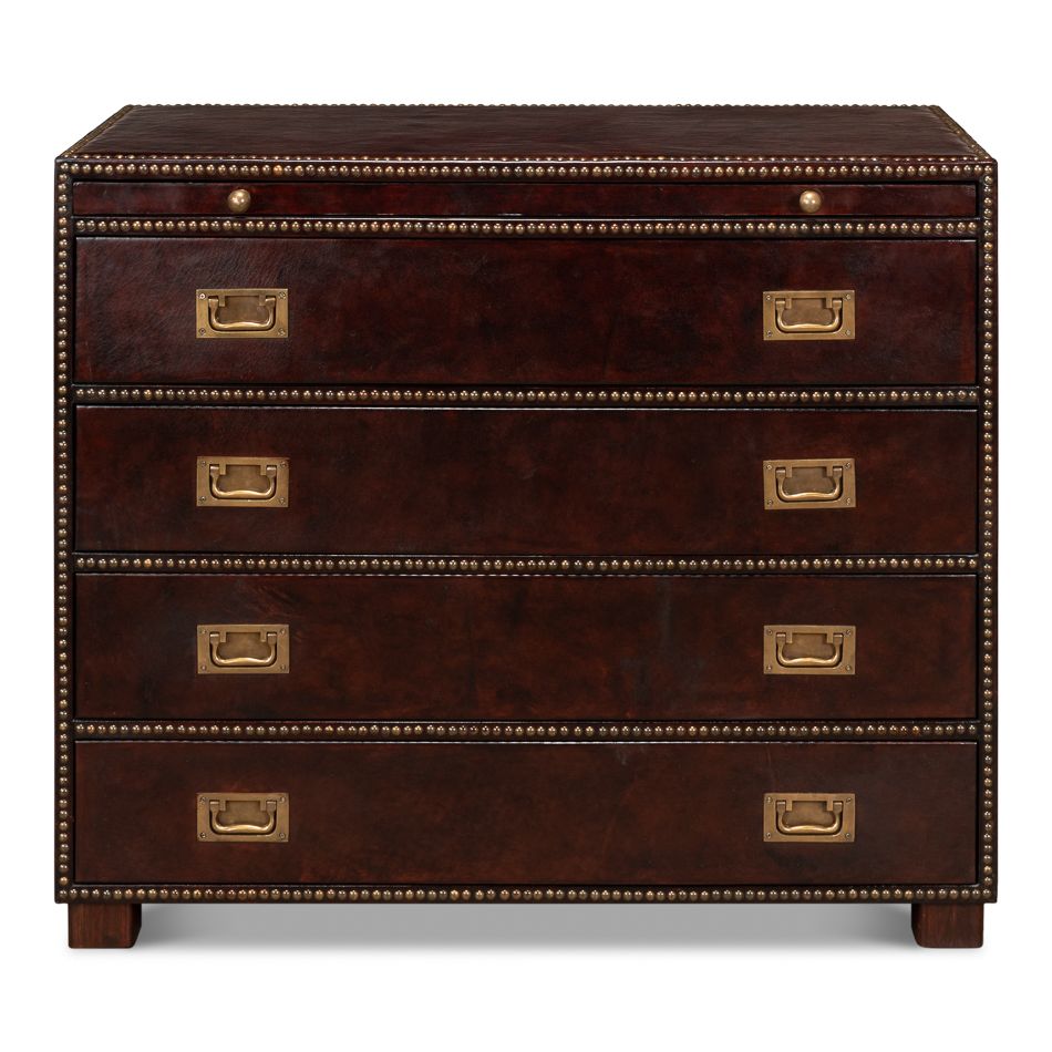 Studded Gentleman's Chest, shown in dark brown with leather, brass, and four drawers.