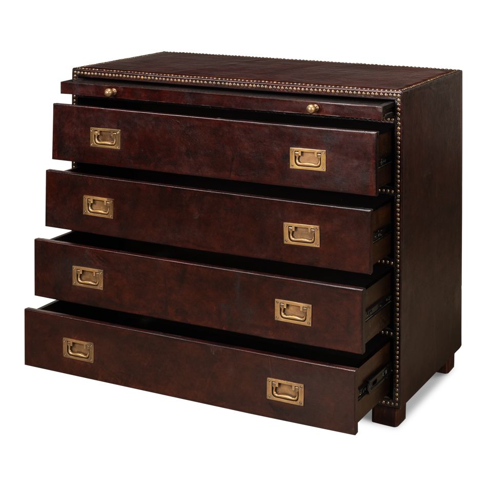 Alternate view of Studded Gentleman's Chest, featuring distressed, leather, brass, and four drawers.