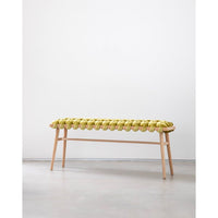 Citron Velvet Woven Bench, shown in chartreuse and citron with velvet, beech wood, and backless open bench.