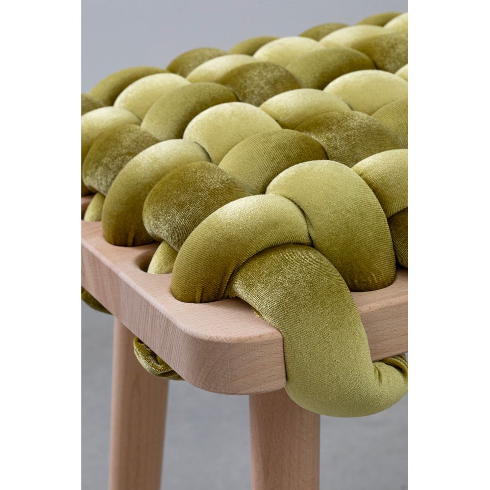 Additional view of Citron Velvet Woven Bench in chartreuse and citron, featuring matte finish and backless open bench.