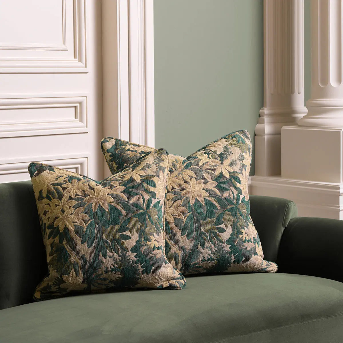 Alternate view of Cushion Marston L Green in cream and sage green.