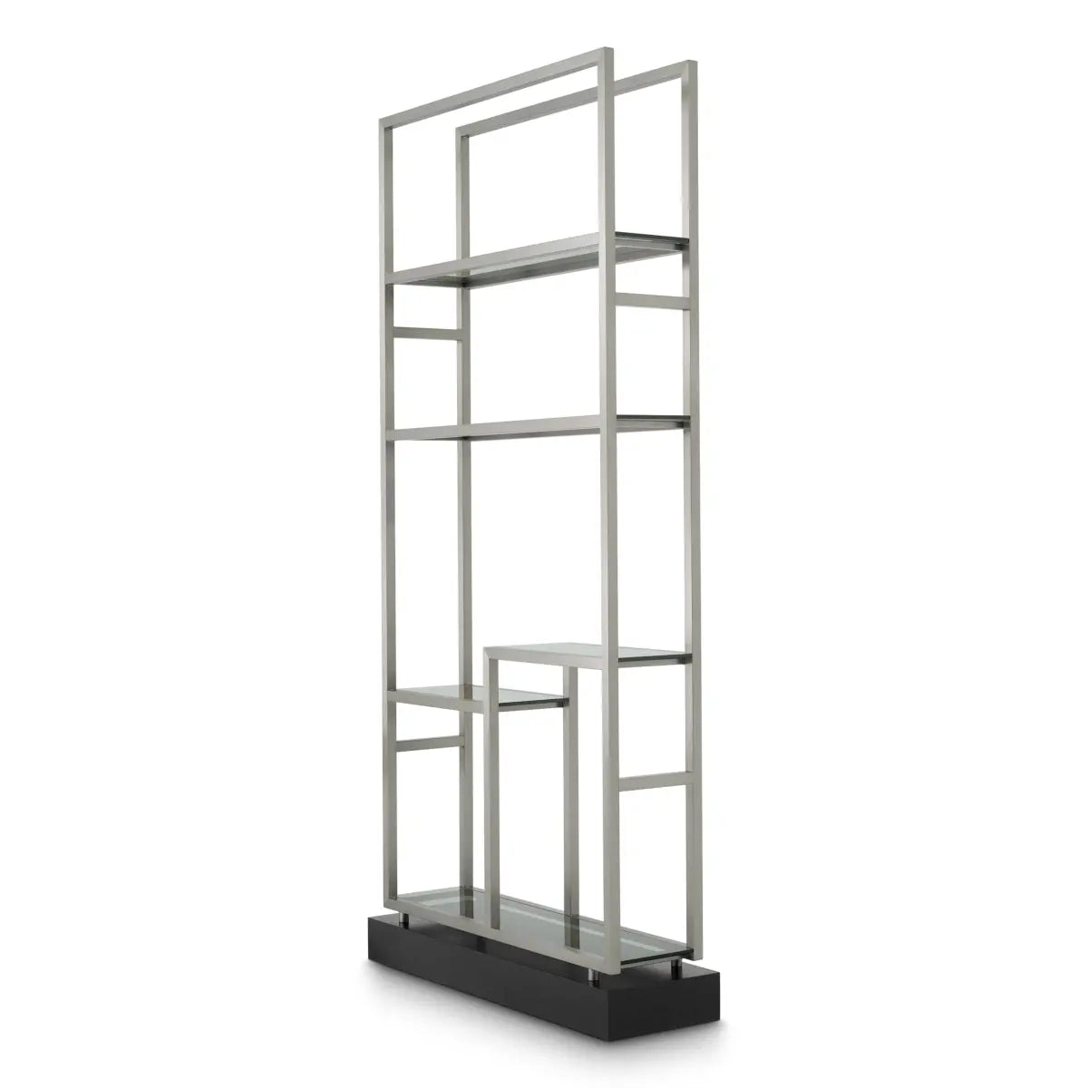 Alternate view of Cabinet Corrado Ii Brushed Steel Finish, featuring matte finish, steel, glass, and open étagère shelving.