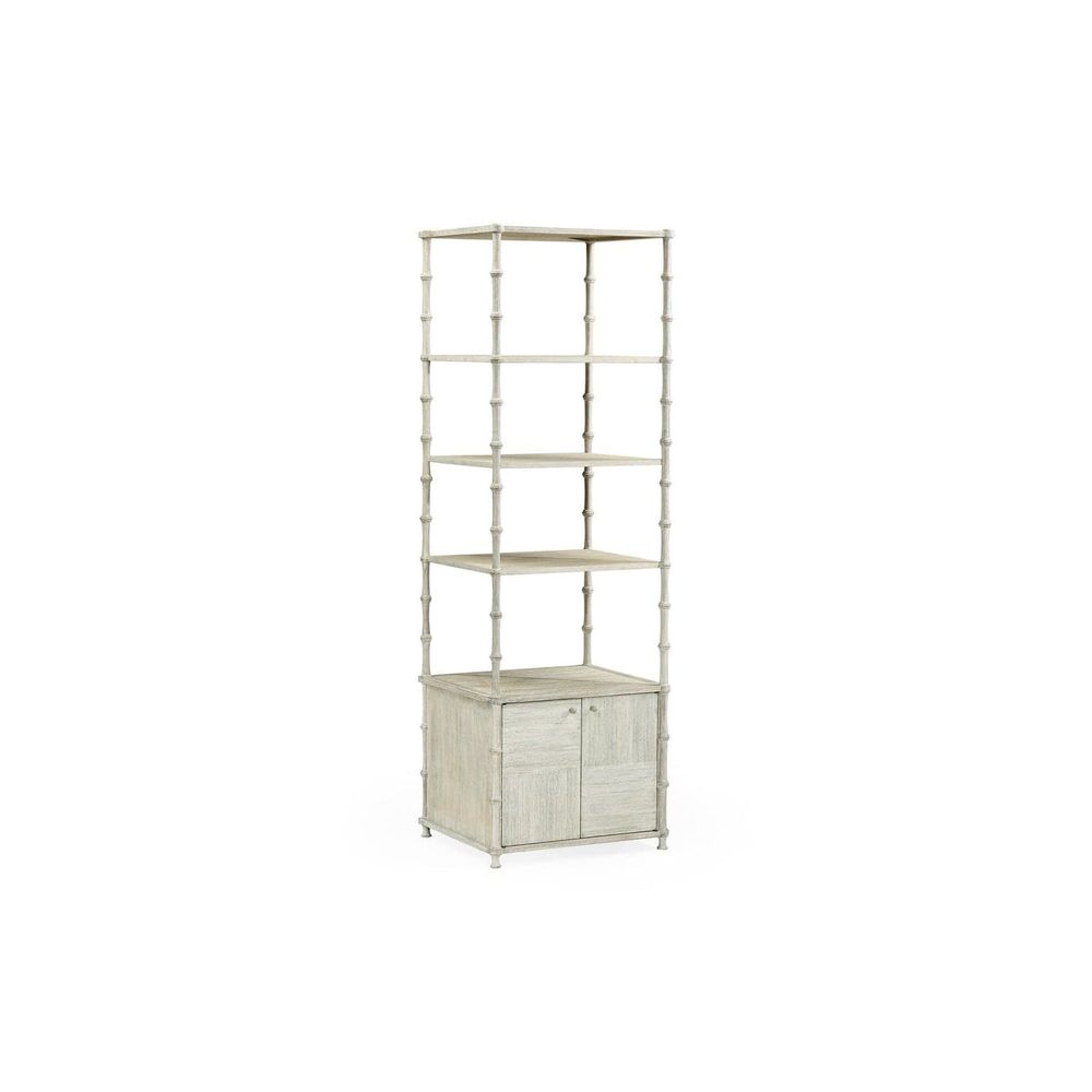 Bywater Étagère, shown in light gray and off-white with wood and four open display shelves.
