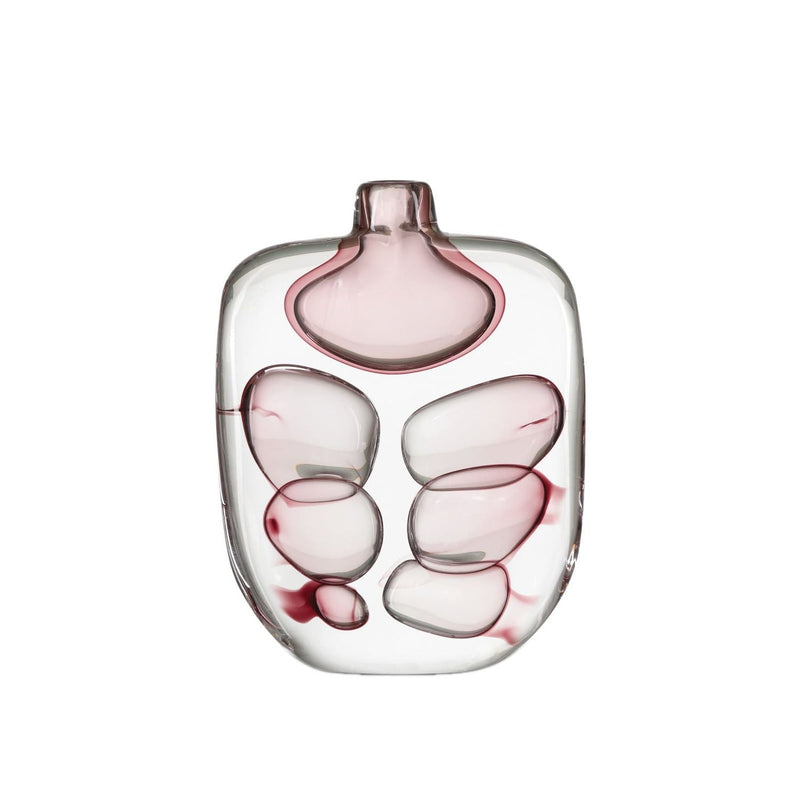 Vicolino Vase, shown in clear and soft pink with glass and narrow bottle neck opening.