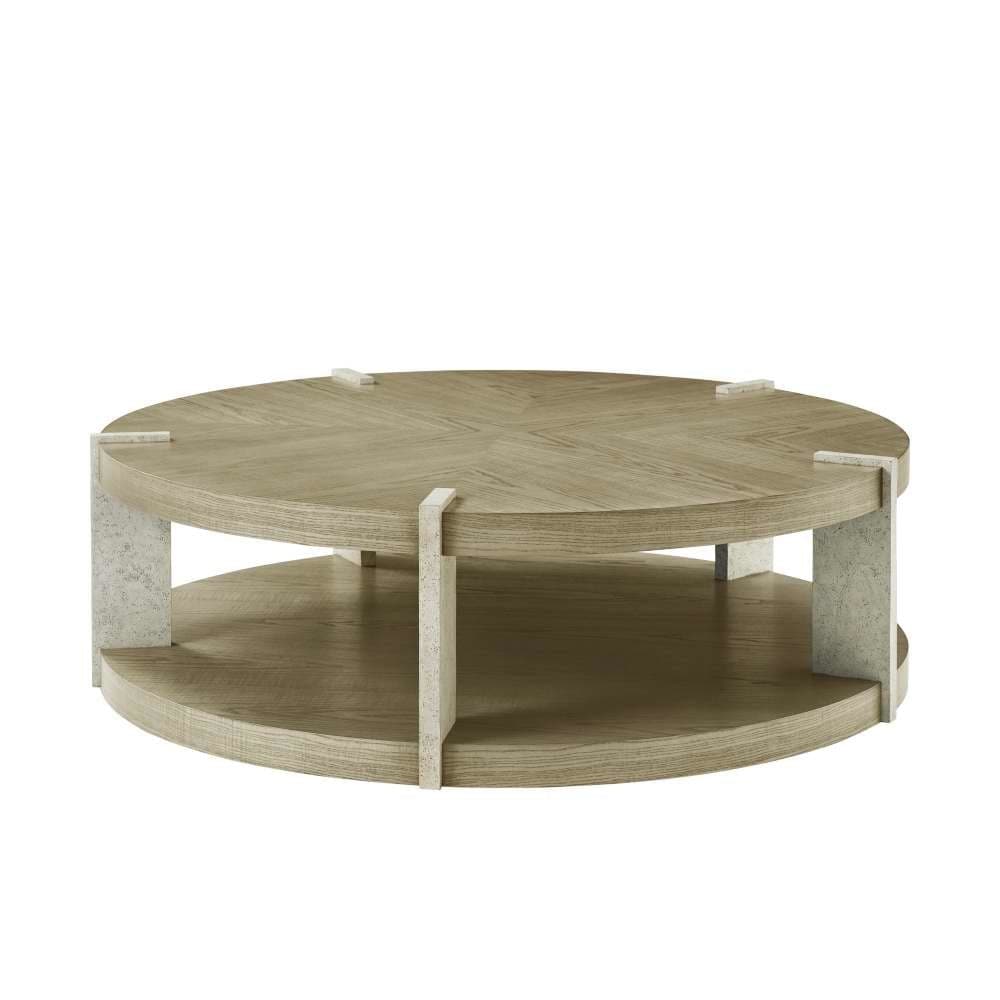 Catalina Round Cocktai Table, shown in light oak beige and dark espresso brown with figured ash wood and stone.