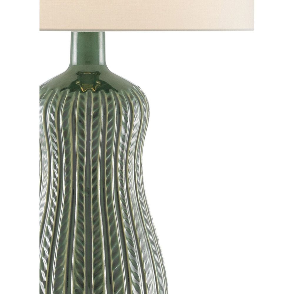 Alternate view of Mamora Green Table Lamp, featuring glossy glaze finish, ceramic, fabric, and a table lamp base.