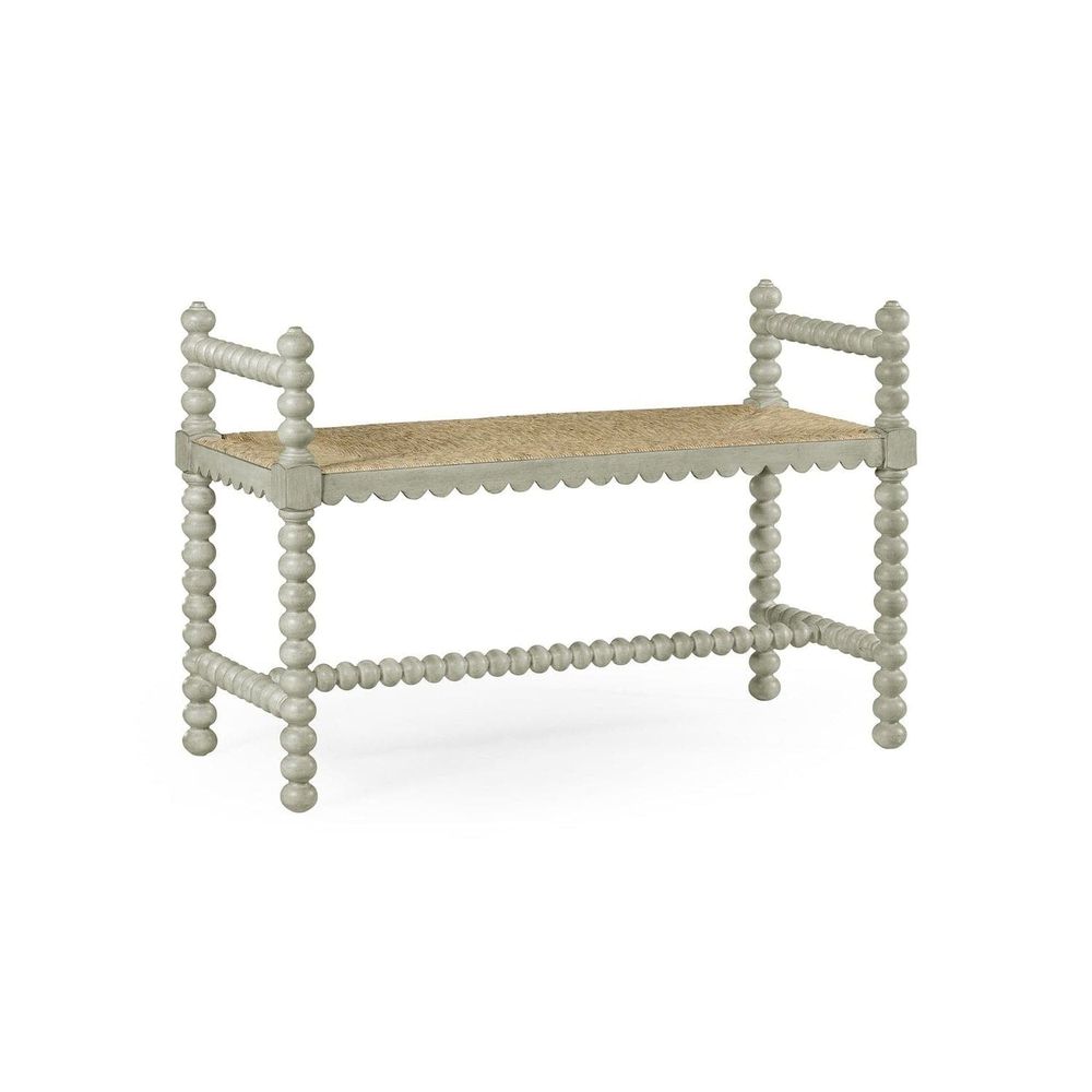 Additional view of Bellingham Country Grey Bench, featuring painted finish, wood, woven rush, and fixed low open arms.
