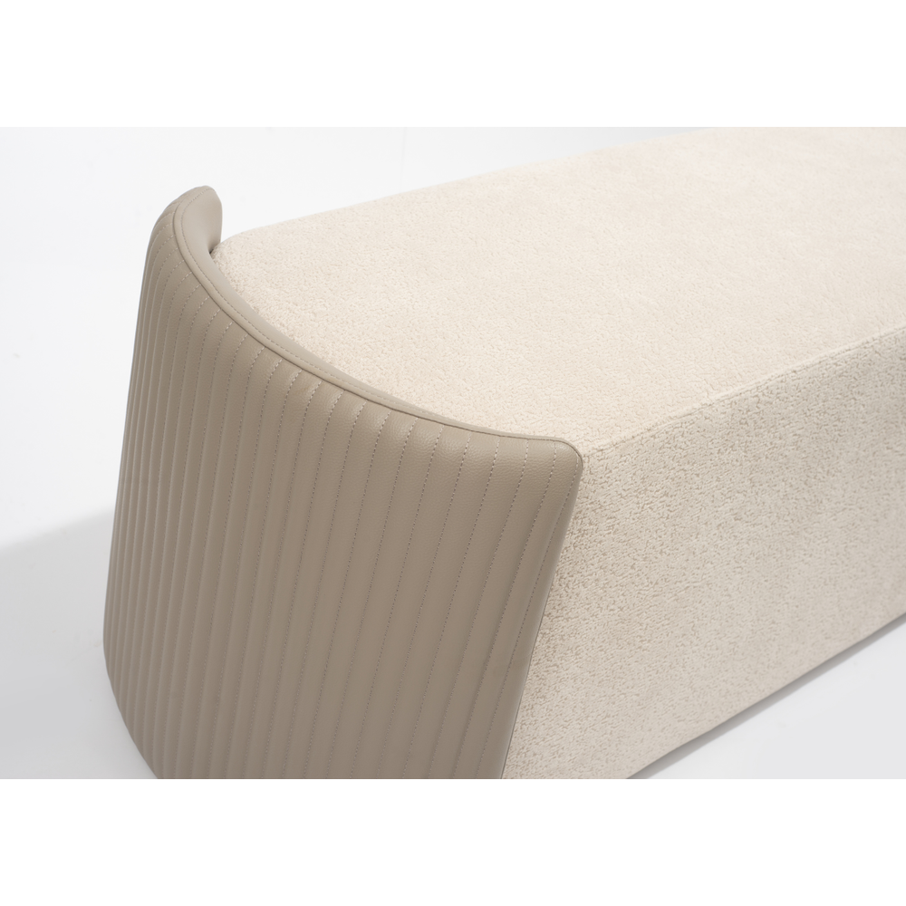 Additional view of Hug Bench in cream and beige, featuring textured upholstery finish and fixed low end arms.